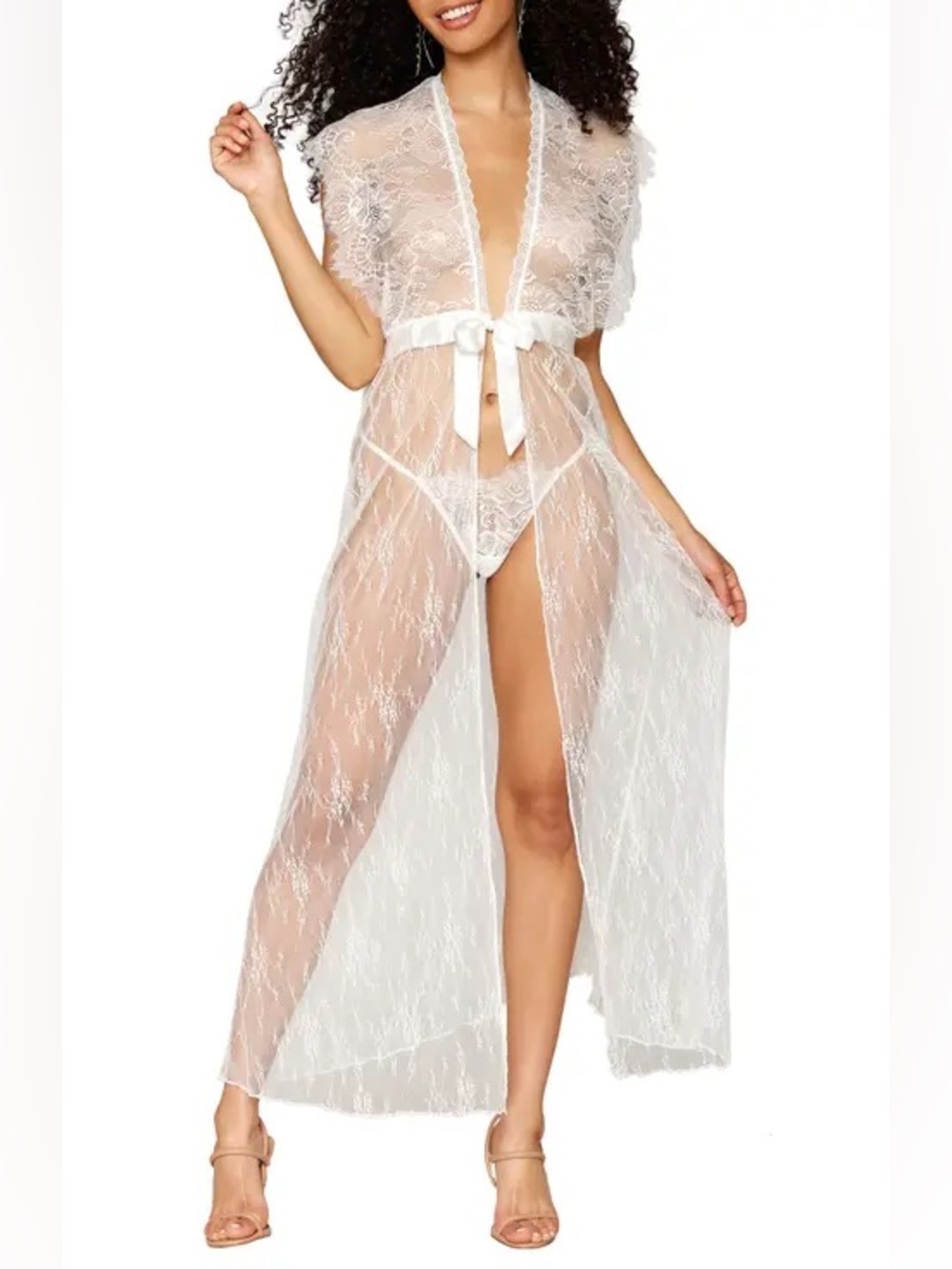 Dreamgirl Vintage Sheer Long Lace Robe Coquette Angelic Bridal Whimsical Size S